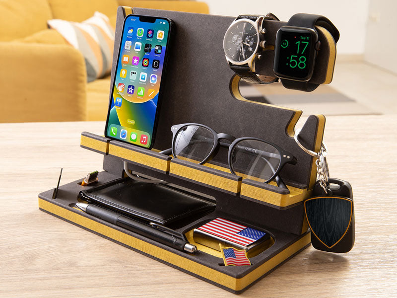 Gifts for Men Bedside Organiser for Him Birthday Gifts for Him Wood Phone Docking Station Key Holder Wallet Stand Watch Organizer Valentines Gifts Fo