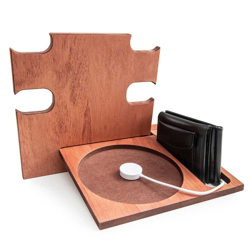 Cherry wooden docking station back view holding wallet and smartwatch charger, personalized gift for him
