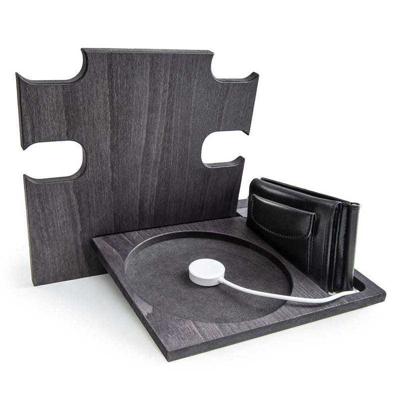 Ebony desk organizer back view holding wallet and smartwatch charger, ideal as customized gift for men