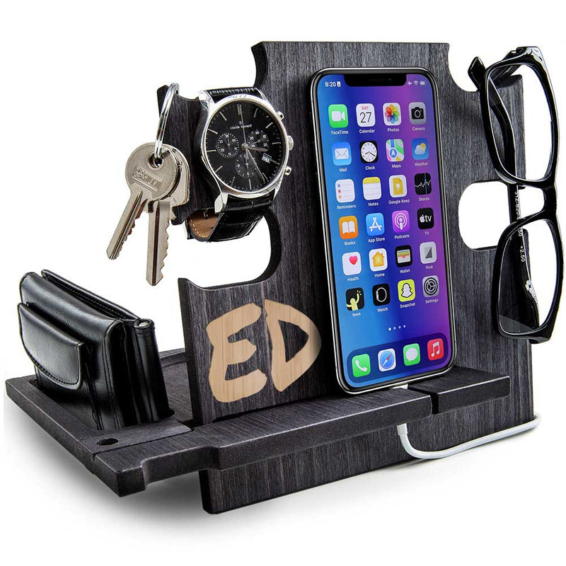 Ebony personalized wooden phone holder with engraved name and personal objects, anniversary gift for husband