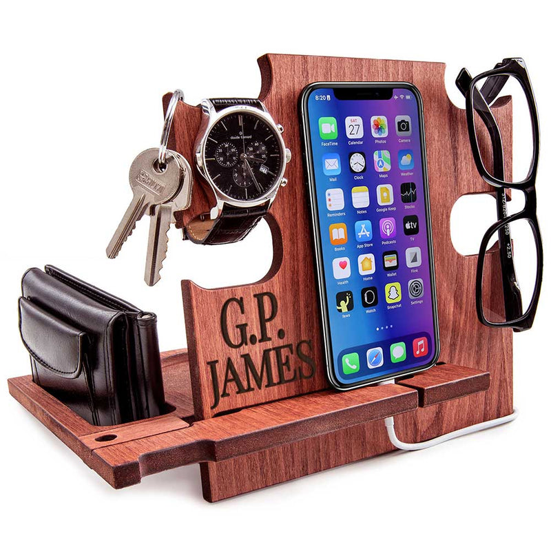 Mahogany personalized wooden docking station holding phone, watch, wallet and engraved name, perfect Christmas gift for men