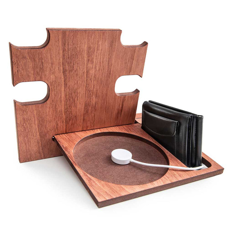 Mahogany phone stand back view holding wallet and smartwatch charger, perfect gift for men