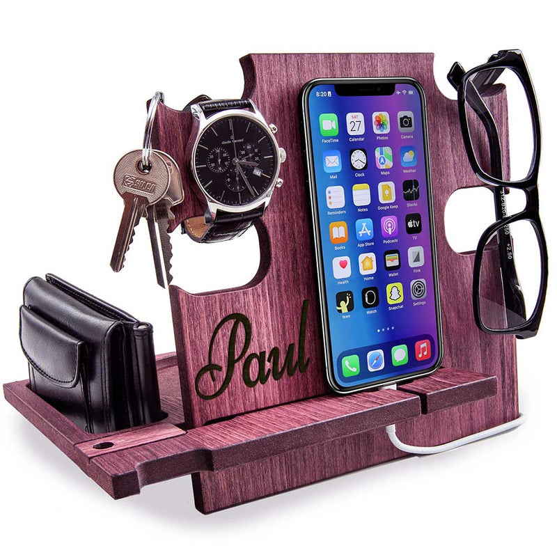 Rosewood customized wooden phone stand holding wallet and glasses and engraved name, perfect graduation gift for him