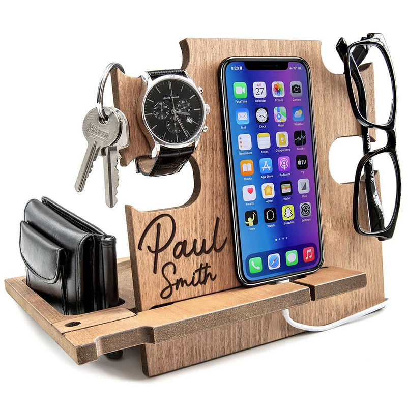 Teak personalized wooden desk organizer with engraved name and everyday carry, thoughtful birthday gift for him