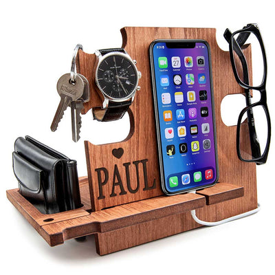Walnut personalized desk organizer holding phone, keys and engraved name, great Valentine's day gift for men