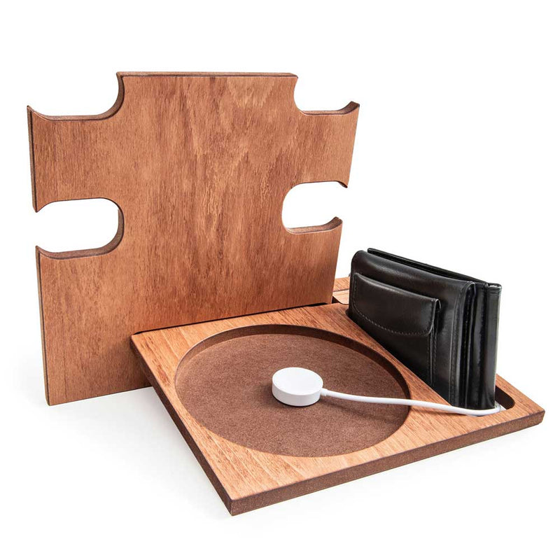Walnut wood desk organizer rear view holding wallet and smartwatch charger, perfect gift for men