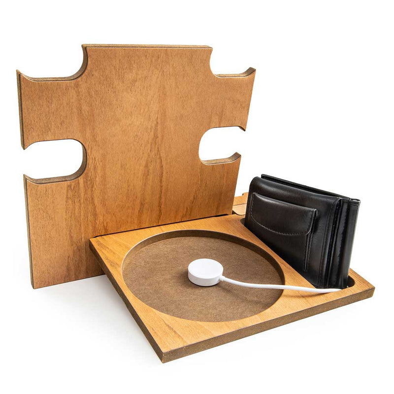 Wooden phone docking station in teak finish, back view with wallet and watch charger, perfect customized gift for men