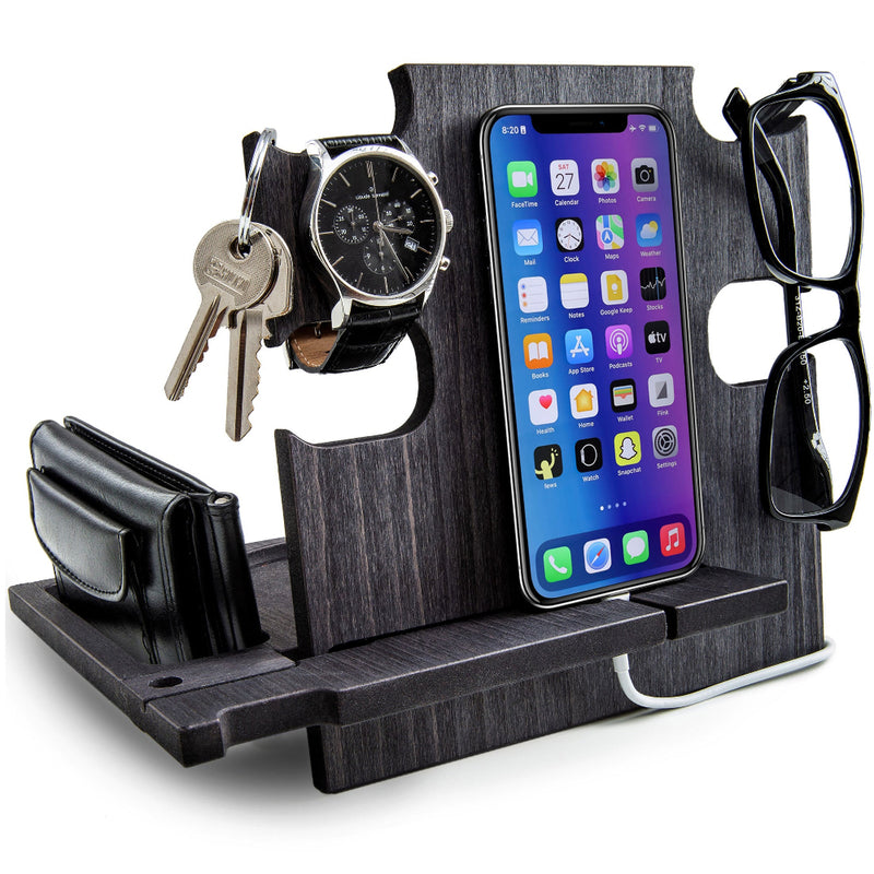 Ebony personalized docking station holding phone, wallet, and watch, great retirement gift for men.