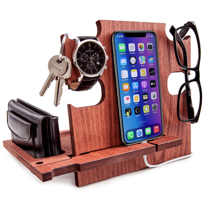 Mahogany phone holder with watch and keys, personalized gift for husband
