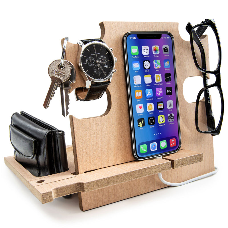 Natural finish wood desk organizer holding phone, keys, and watch, personalized Christmas gift for men