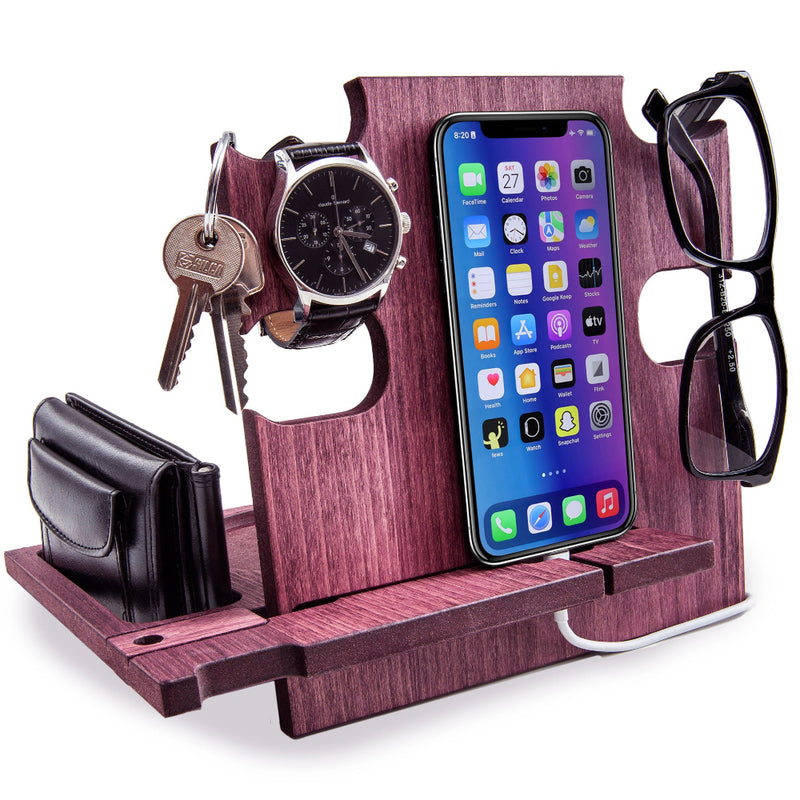 Rosewood nightstand organizer holding phone and personal items, customized gift for him