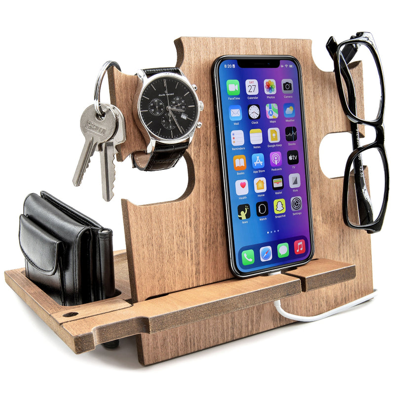 Teak personalized docking station holding phone and watch, thoughtful birthday gift for men