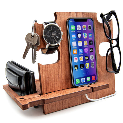Walnut docking station holding phone and wallet, personalized  gift for dad