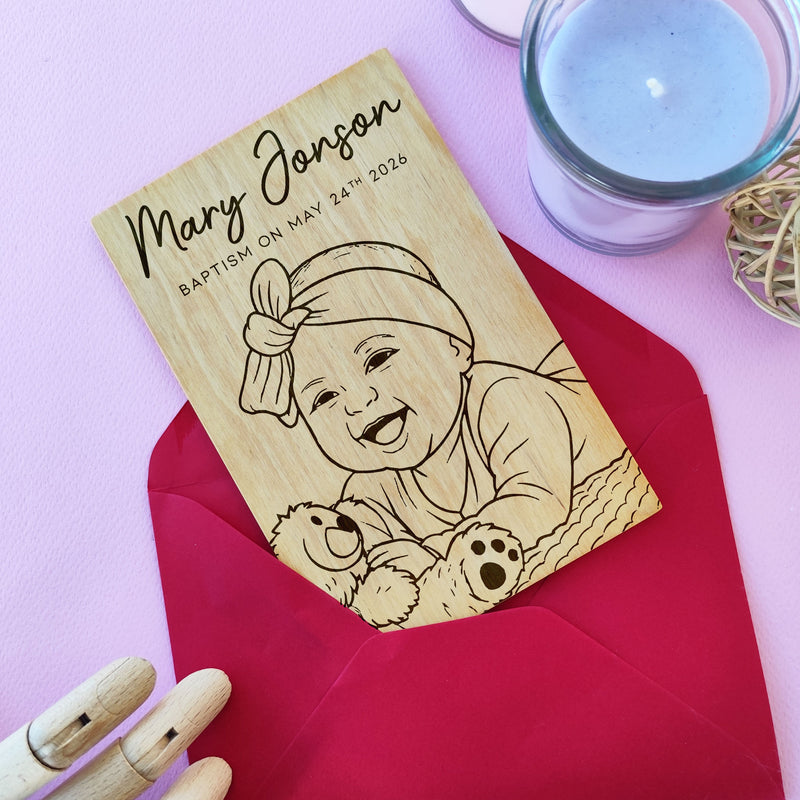 Laser engraved wooden baptism card with baby portrait — personalized christening gift.