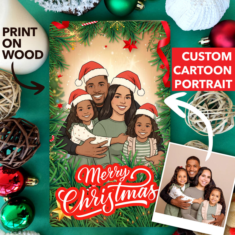 Personalized Christmas Cartoon Portrait on Wood, Custom Family Gift