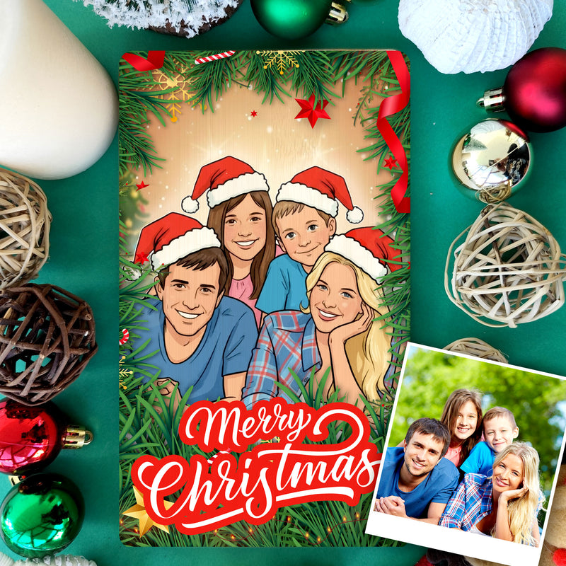 Personalized Christmas Cartoon Portrait on Wood, Custom Family Gift