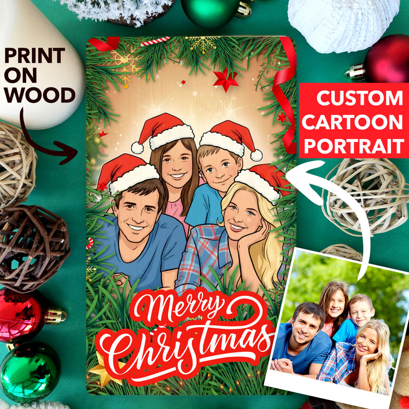 Personalized Christmas Cartoon Portrait on Wood, Custom Family Gift