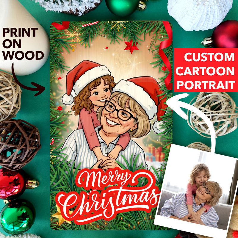 Personalized Christmas Cartoon Portrait on Wood, Custom Family Gift