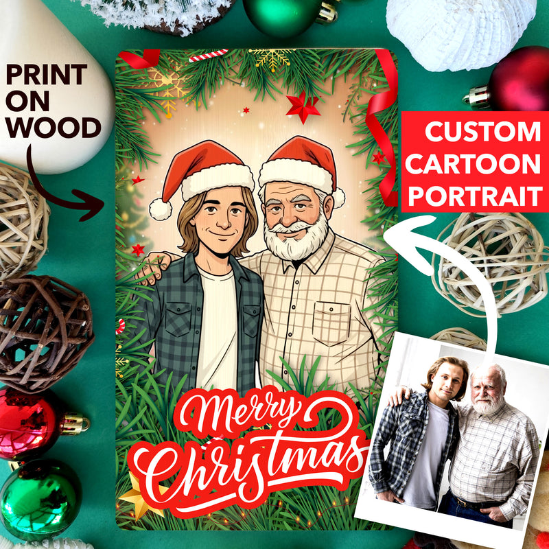 Personalized Christmas Cartoon Portrait on Wood, Custom Family Gift