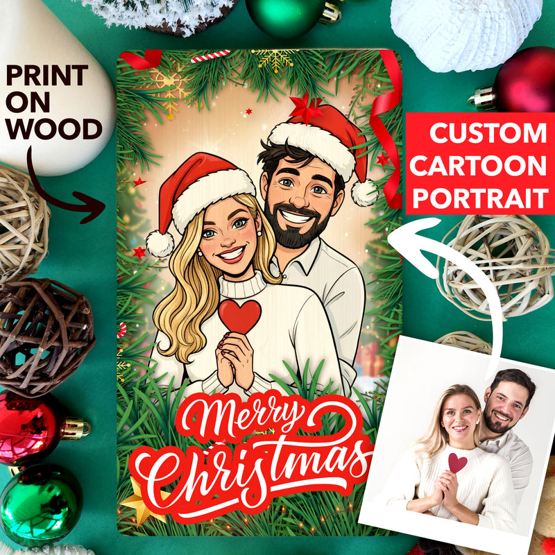 Personalized Christmas Cartoon Portrait on Wood, Custom Family Gift