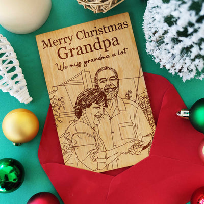 Laser engraved wooden Christmas memorial card with grandparent portrait — sympathy gift.