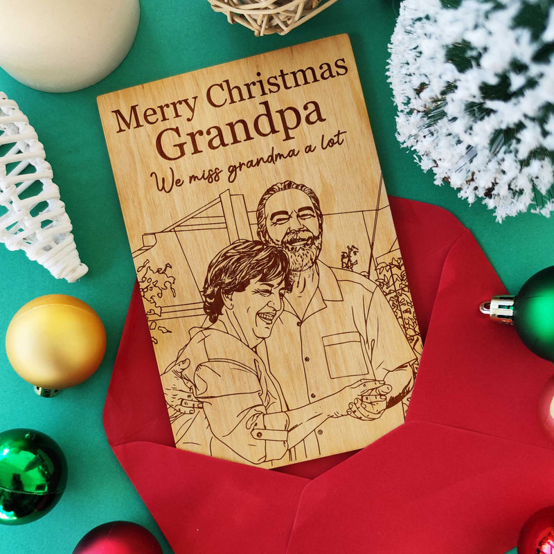 Laser engraved wooden Christmas memorial card with grandparent portrait — sympathy gift.