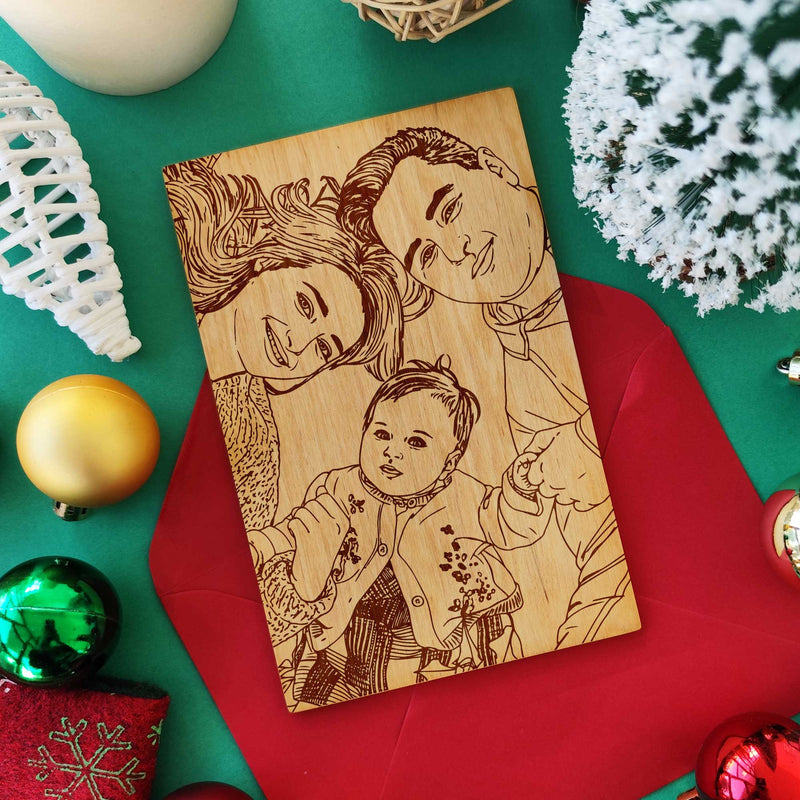 Laser engraved wooden family portrait greeting card — Christmas and birthday gift.