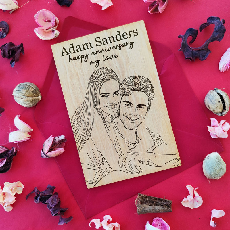 Laser engraved wooden greeting card with couple portrait — personalized wedding and Valentine’s Day gift.