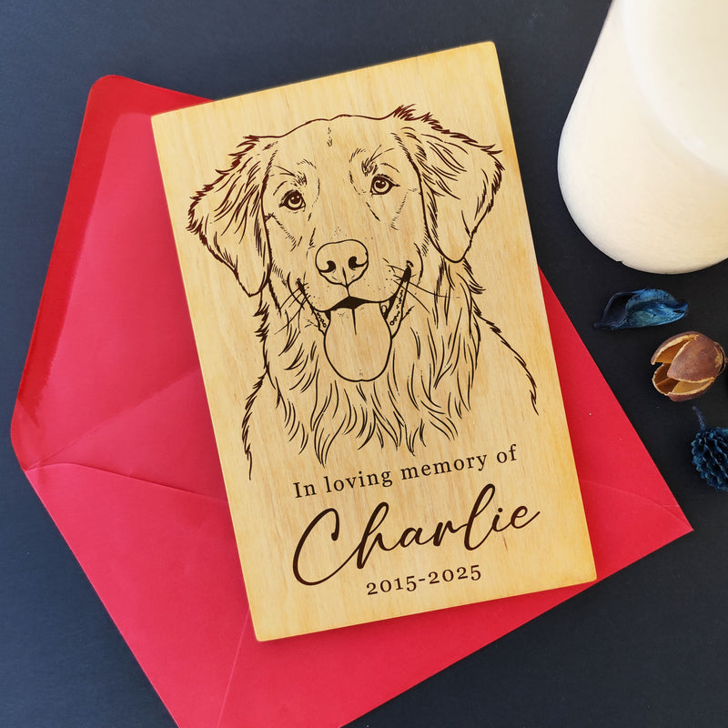 Laser engraved wooden dog portrait card — personalized memorial gift with red envelope.