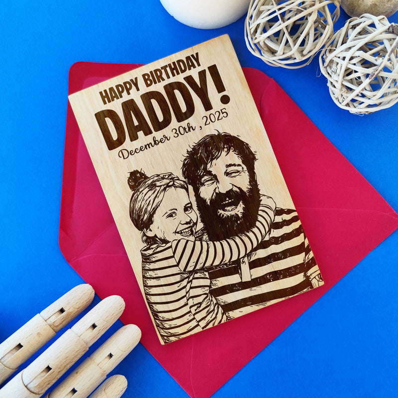 Laser engraved wooden birthday card featuring dad portrait with red envelope.