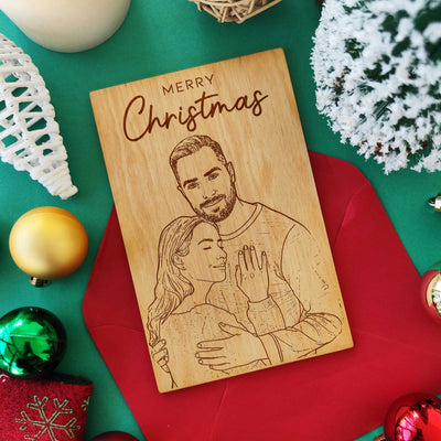 Laser engraved wooden greeting card with couple portrait — Christmas and anniversary gift.