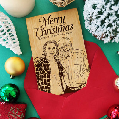 Laser engraved wooden Christmas card featuring dad portrait with red envelope.