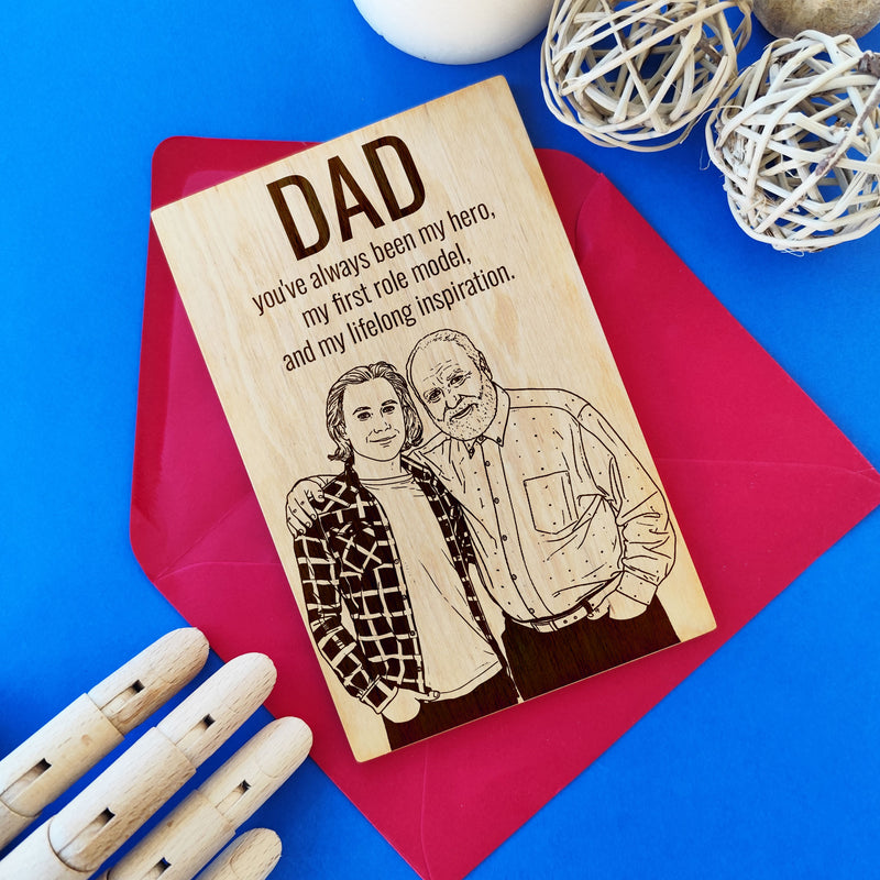 Laser engraved wooden Father’s Day card featuring dad portrait with red envelope.