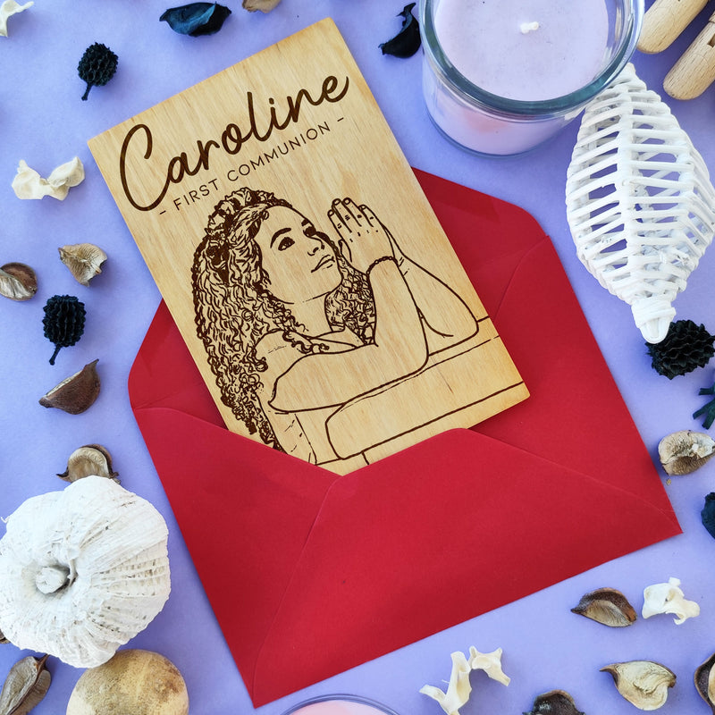 Laser engraved wooden First Communion card with boy portrait — personalized religious keepsake.
