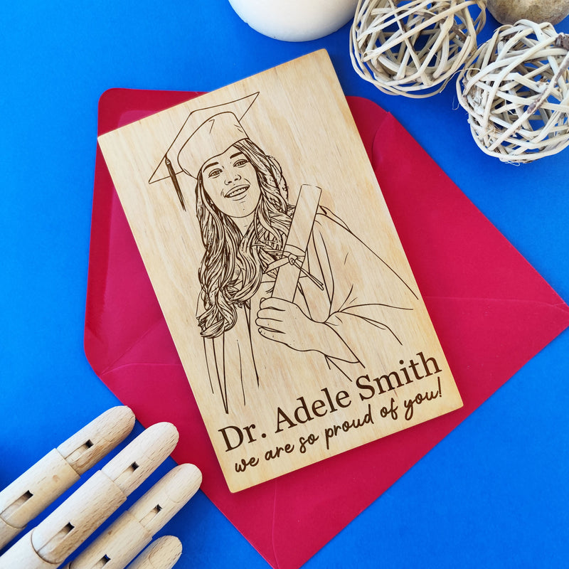 Laser engraved wooden graduation portrait card — personalized graduation gift.