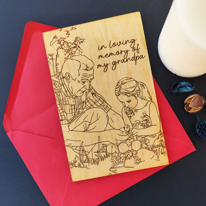 Laser engraved wooden memorial card featuring grandparent portrait — personalized sympathy gift.