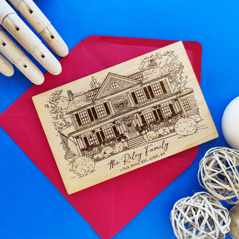 Laser engraved wooden housewarming card — personalized home gift.
