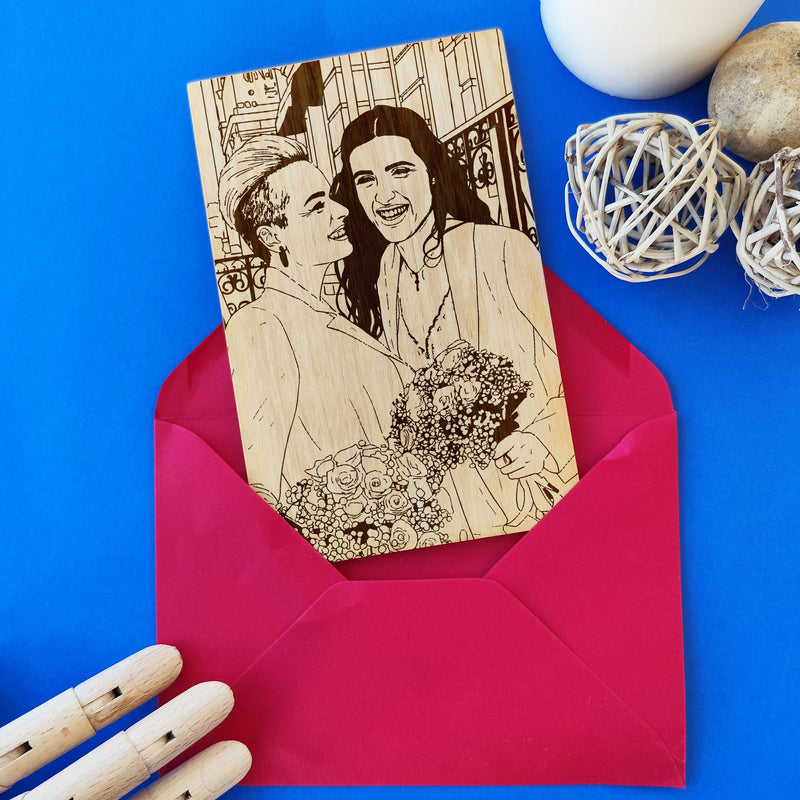 Laser engraved wooden pride card with lesbian couple portrait — LGBTQ gift.