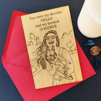 Laser engraved wooden greeting card featuring dog and owner portrait — personalized pet gift.