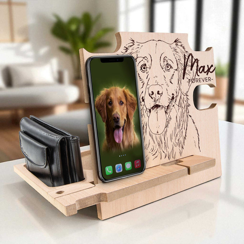Docking station personalizzata con ritratto in stile Line Art – Regalo personalizzato per uomo – Organizer per ufficio o comodino inciso al laser – Vassoio da scrivania Tech