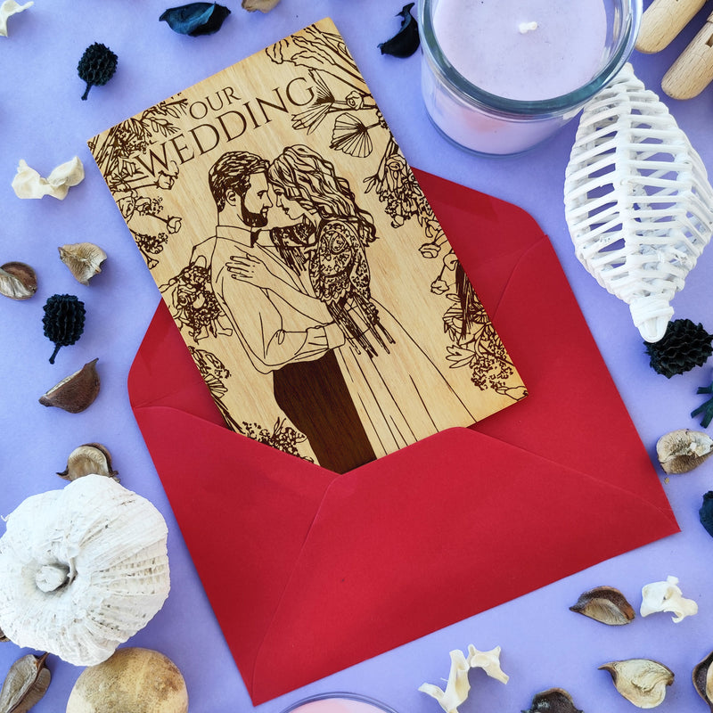 Laser engraved wooden wedding card with bride and groom portrait — personalized wedding gift.