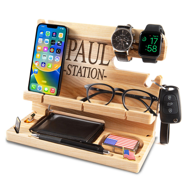 Beige desk organizer with phone and glasses placed on top, personalized graduation gift for him