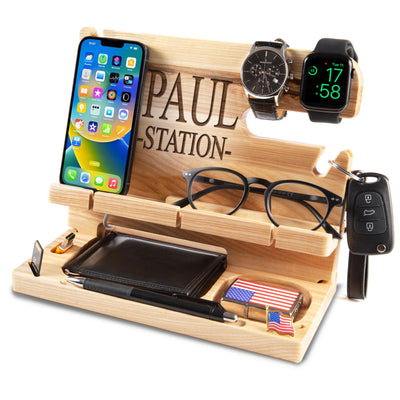 Beige personalized docking station holding phone and watch, unique anniversary gift for men