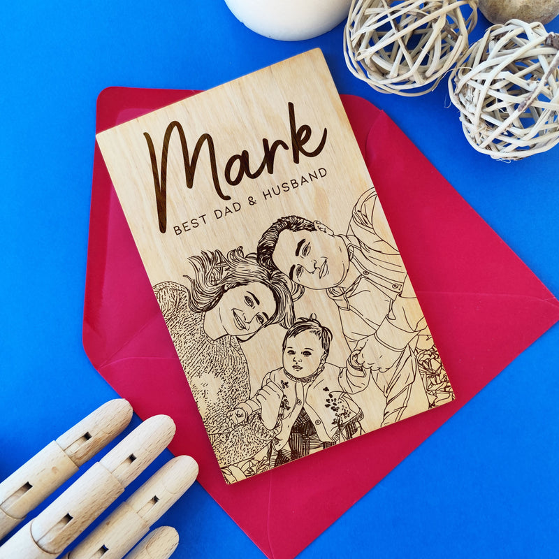 Laser engraved wooden greeting card with dad portrait — birthday and Father’s Day gift.