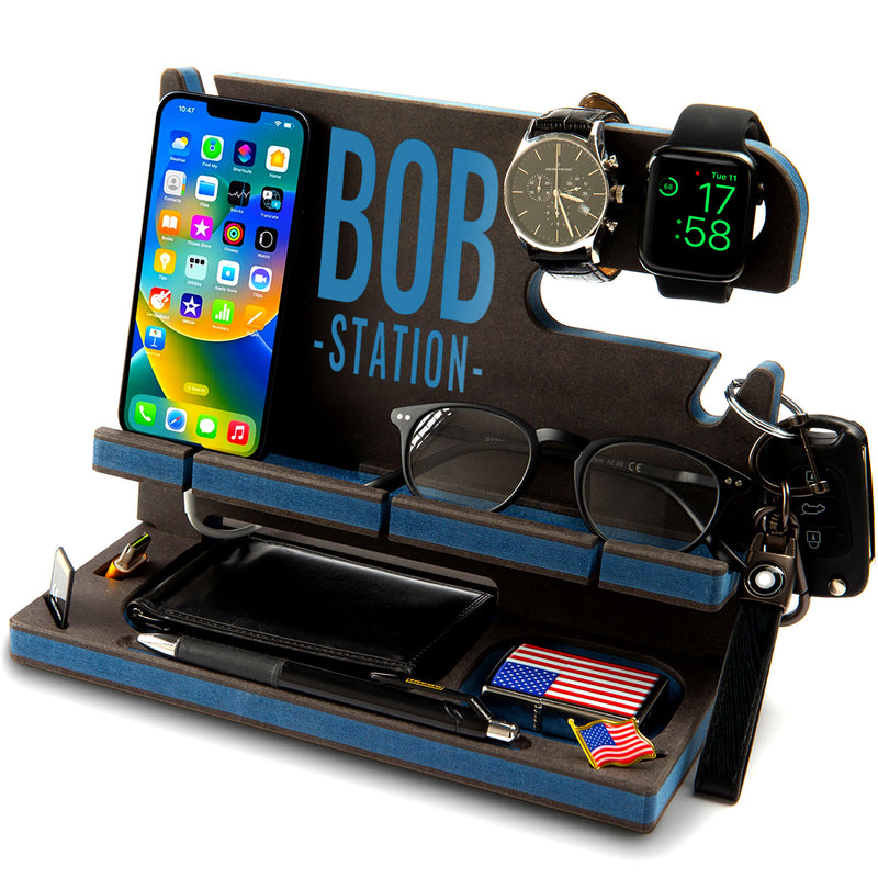 Black engineered wood docking station with blue accents and a message in blue, personalized birthday gift for him