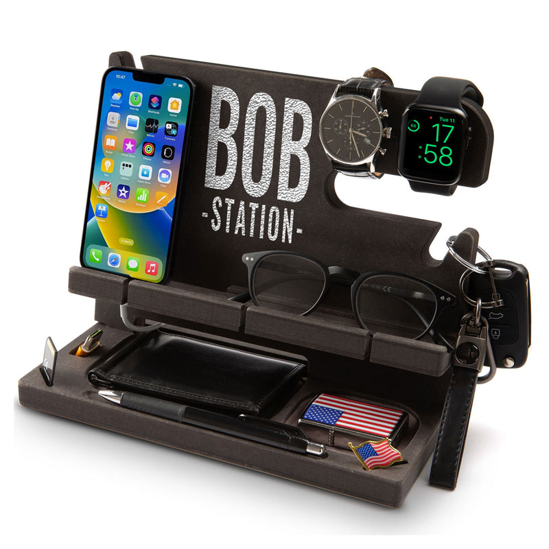 Black engineered wood docking station with a dedication in silver, perfect Christmas  gift for him