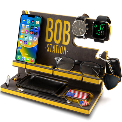 Black engineered wood docking station with yellow accents and a message in yellow, personalized birthday gift for dad