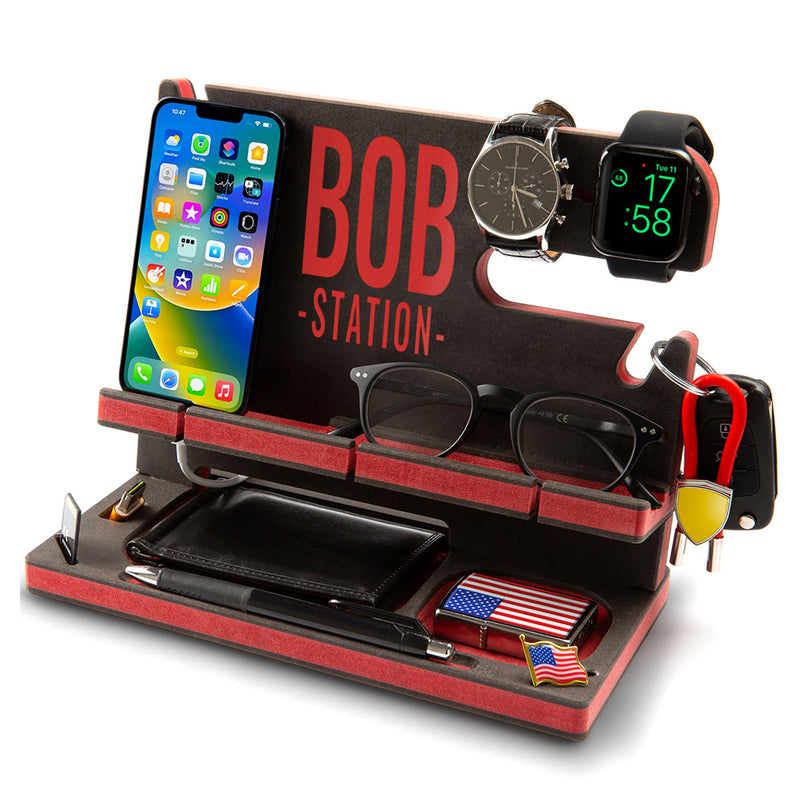Black engineered wood nightstand organizer with red accents and a message in red, ideal birthday gift for men