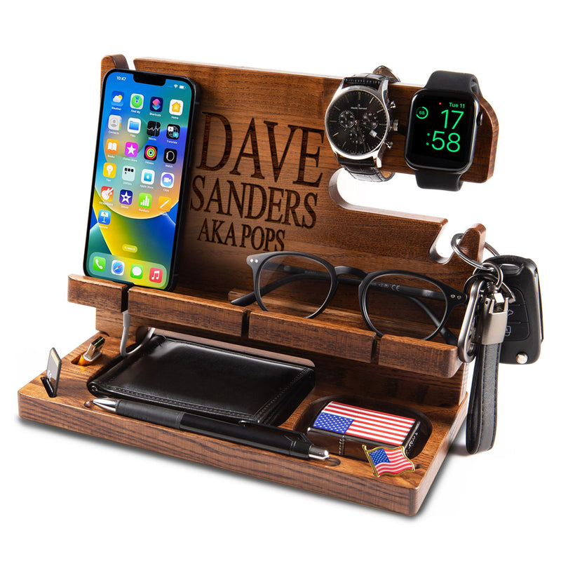 Brown nightstand organizer set up with everyday personal items, great personalized gift for men