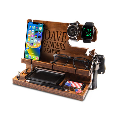 Brown personalized organizer with phone and engraved name on top, perfect Christmas gift for him